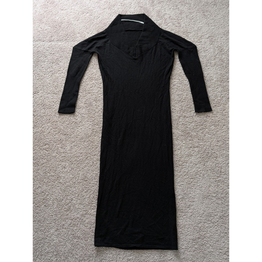 Naadam Wool Cashmere Sweater Dress Womens Small Black Cowl V Neck Knit Midi